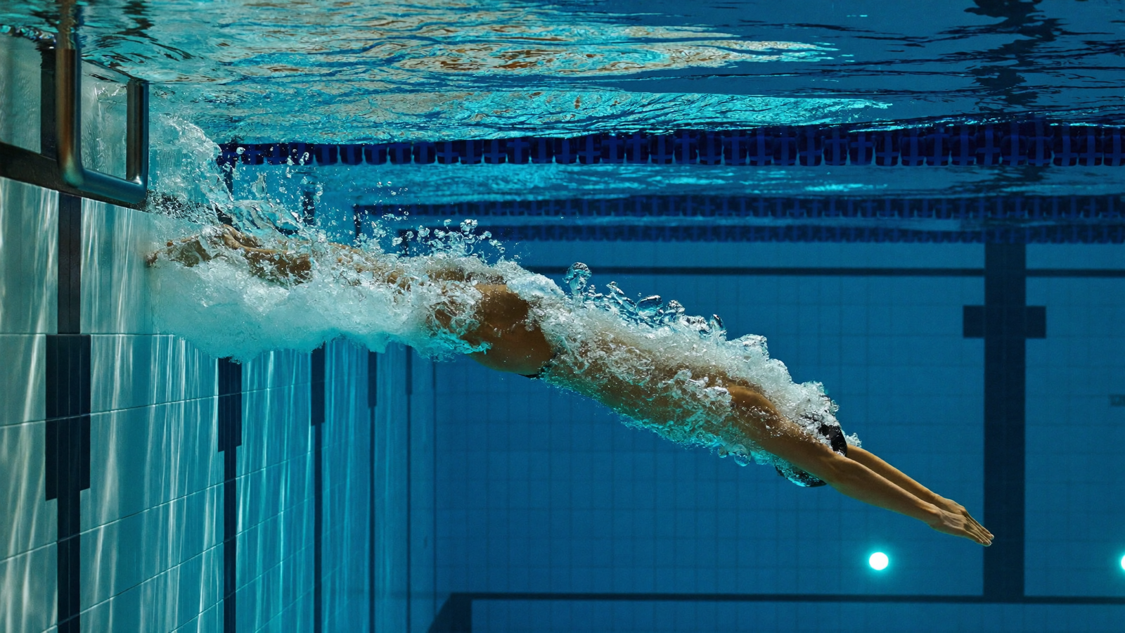 Swimmer in a tight underwater streamline driving off the wall